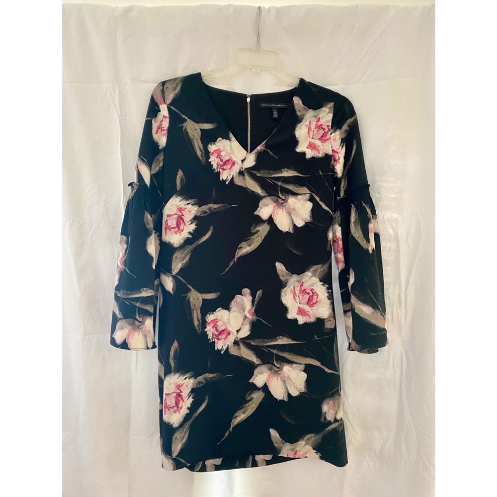 WHBM black dress with pink florals.